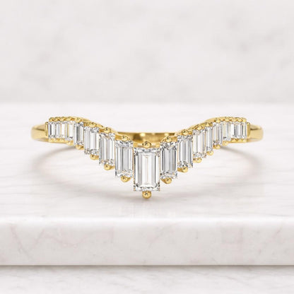14K Solid Gold Baguette Diamond Curved Wedding Band