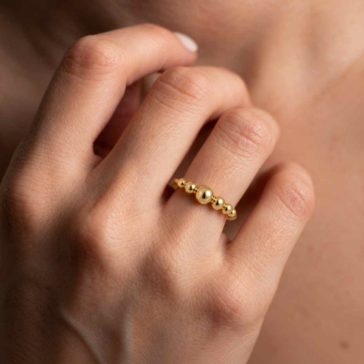 14k solid gold ball ring: dainty beaded stacking band
