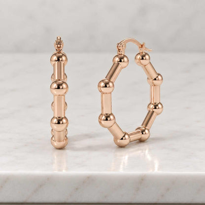 14K Solid Gold Beaded Huggie Hoop Earrings, 12mm Textured Round Yellow Gold Hoops
