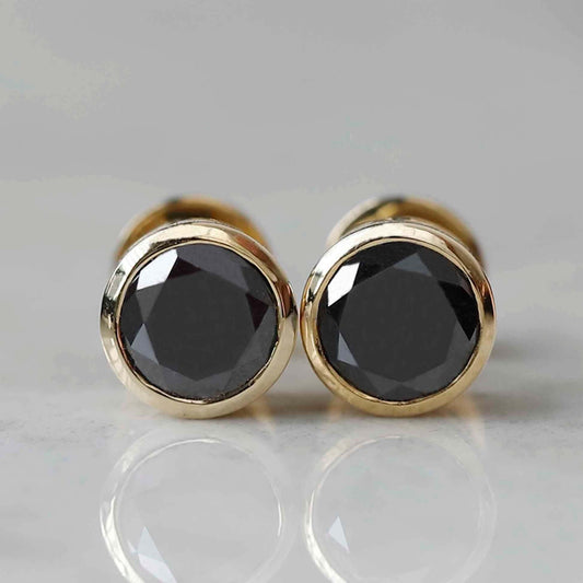 14K Solid Gold Black Diamond Stud Earrings