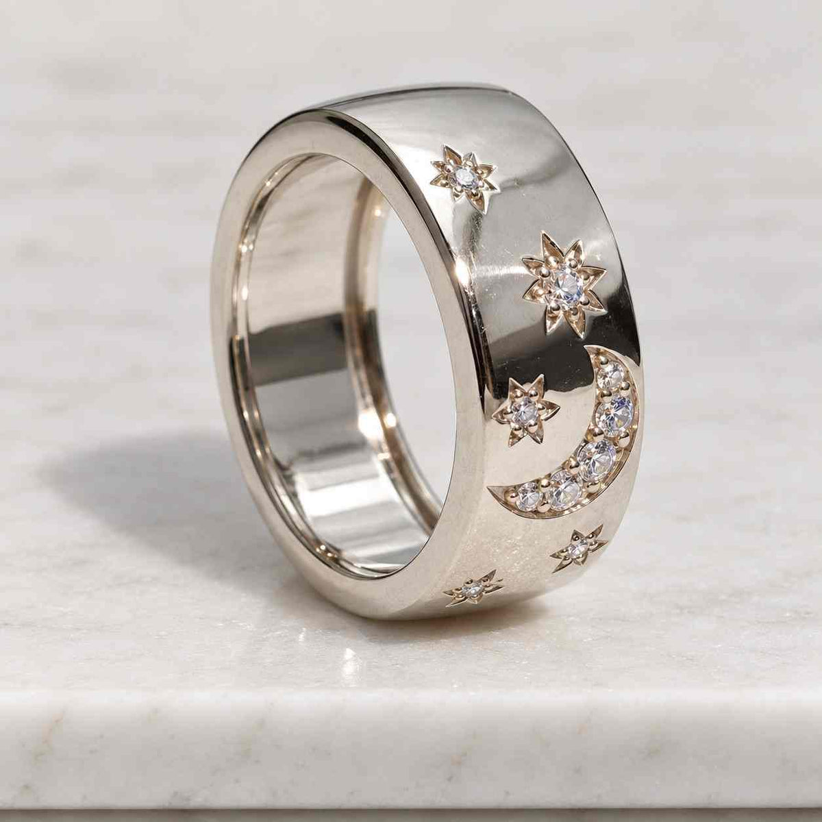 14K Solid Gold Celestial Star Diamond Wedding Band – Dainty Minimalist Ring
