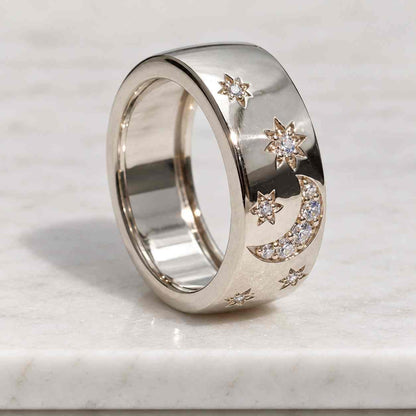 14K Solid Gold Celestial Star Diamond Wedding Band – Dainty Minimalist Ring
