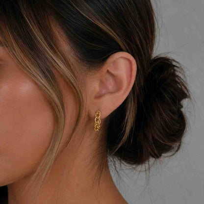 14K Solid Gold Chain-Link Hoop Earrings, Dainty Pave Link Hoops, Minimal Real Gold Sparkling Earrings Gift