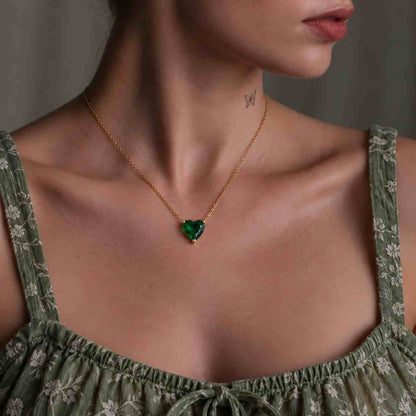 14K Solid Gold Clover Necklace | Heart Emerald Pendant, Good Luck Charm
