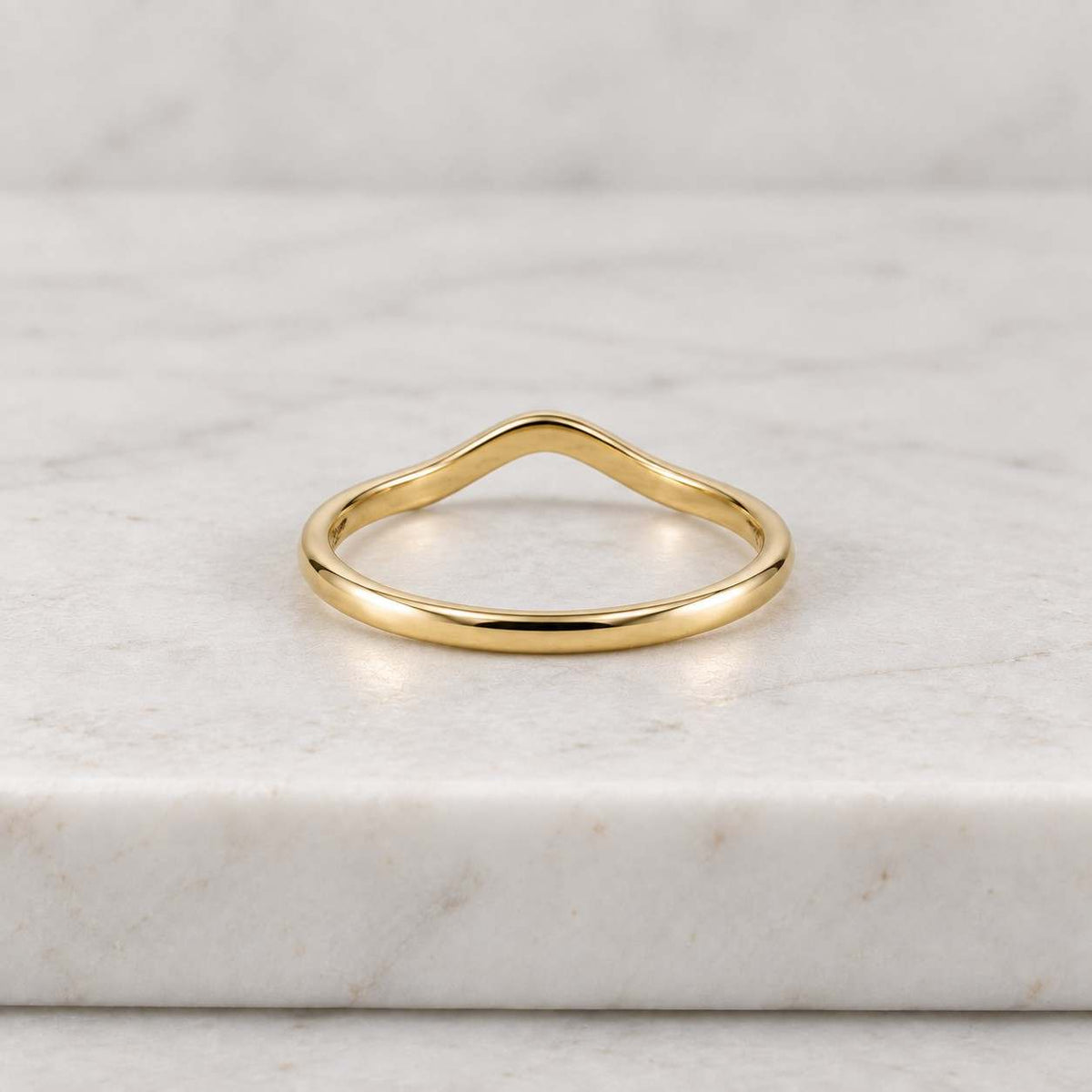 14k solid gold curved wedding band, plain wave contour stacking ring, minimalist smooth chevron gift for her
