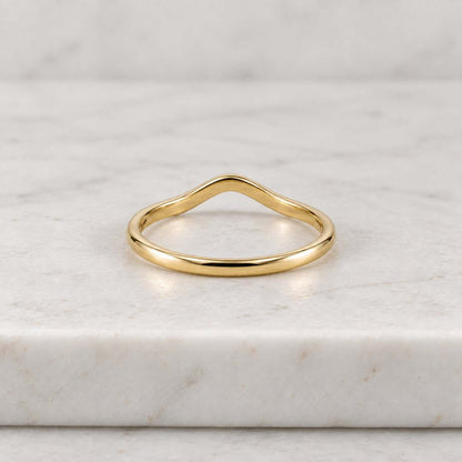 14K Solid Gold Curved Wedding Band, Plain Wave Contour Stacking Ring, Minimalist Smooth Chevron Gift For Her
