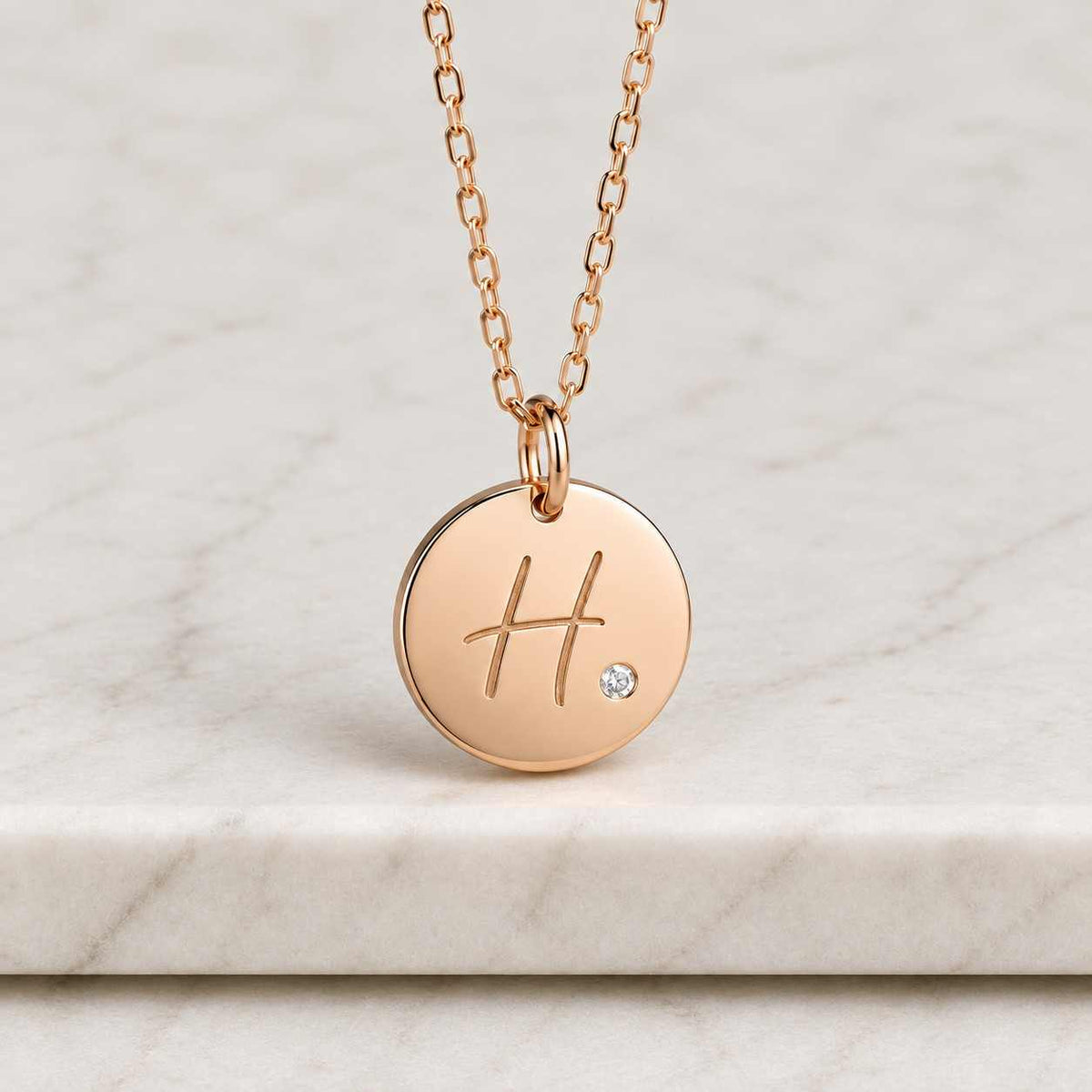 14k solid gold diamond initial necklace: personalized round plate pendant
