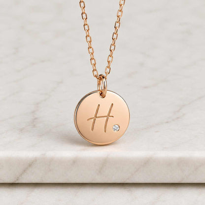 14K Solid Gold Diamond Initial Necklace: Personalized Round Plate Pendant
