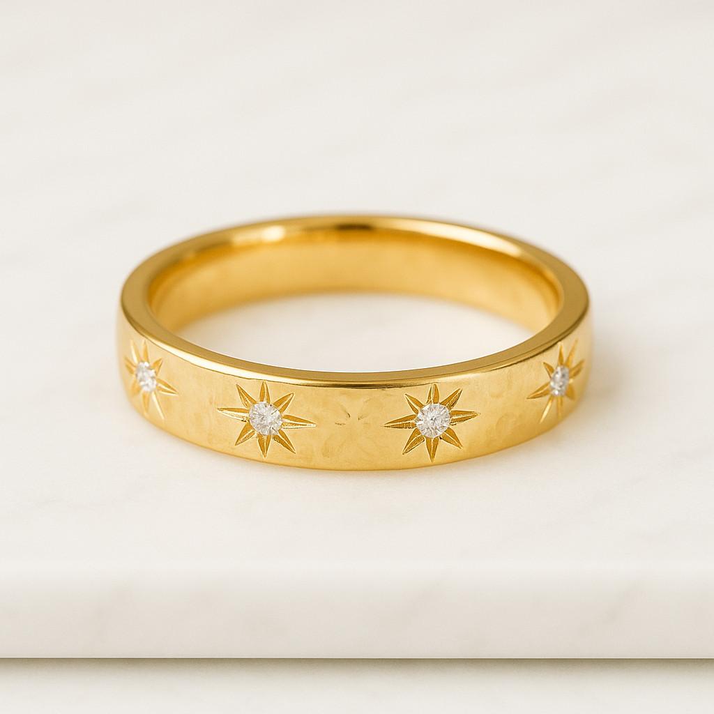 14K Solid Gold Diamond Star Engraved Band Celestial Ring Black Friday Sale