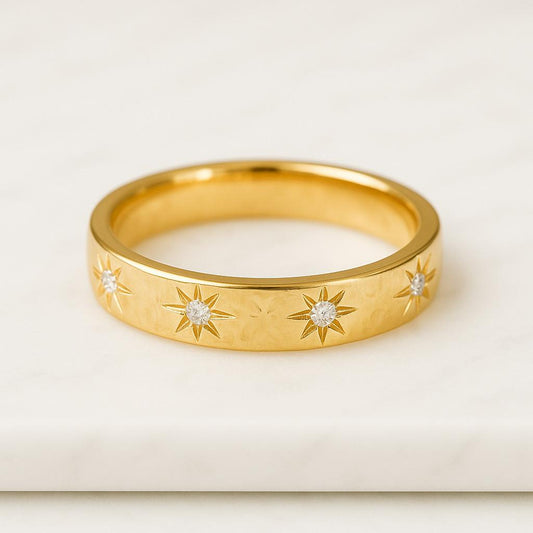 14K Solid Gold Diamond Star Engraved Band Celestial Ring Black Friday Sale