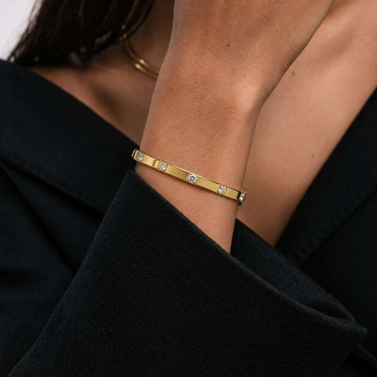 14k solid gold diamond station bracelet: invisible setting, dainty minimalist design