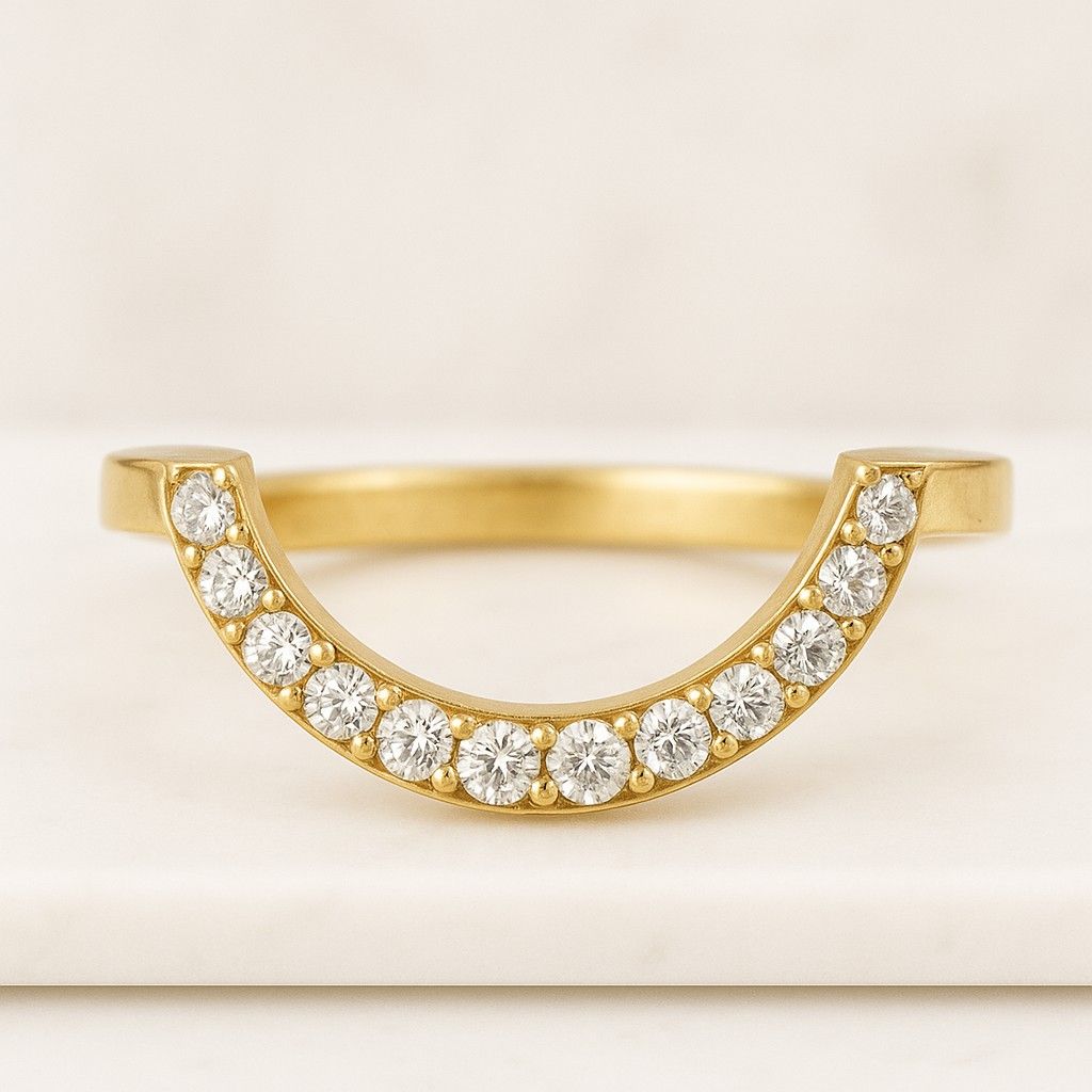 14K Solid Gold Dome Wedding Ring for Women Pavé Diamond CZ Eternity Band