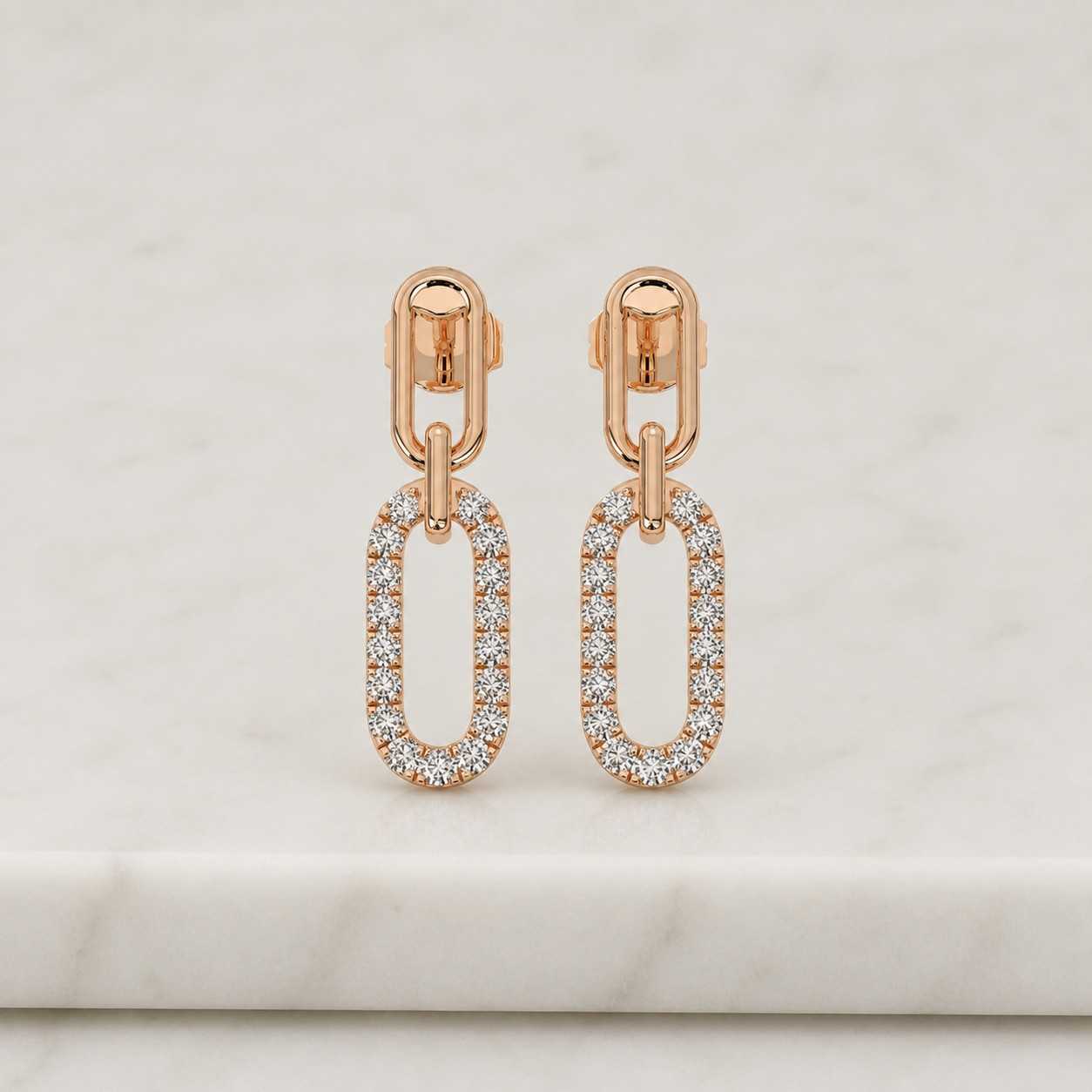 Round Cut Lab Grown Diamond Link Earrings, Conflict Free Diamond Paper Clip Earrings, 14K Solid Gold Earrings, Screw Back Diamond Earrings