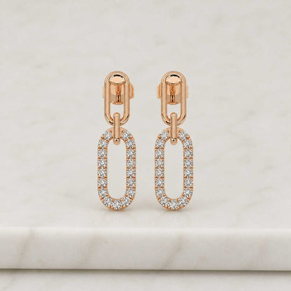 Round Cut Lab Grown Diamond Link Earrings, Conflict Free Diamond Paper Clip Earrings, 14K Solid Gold Earrings, Screw Back Diamond Earrings