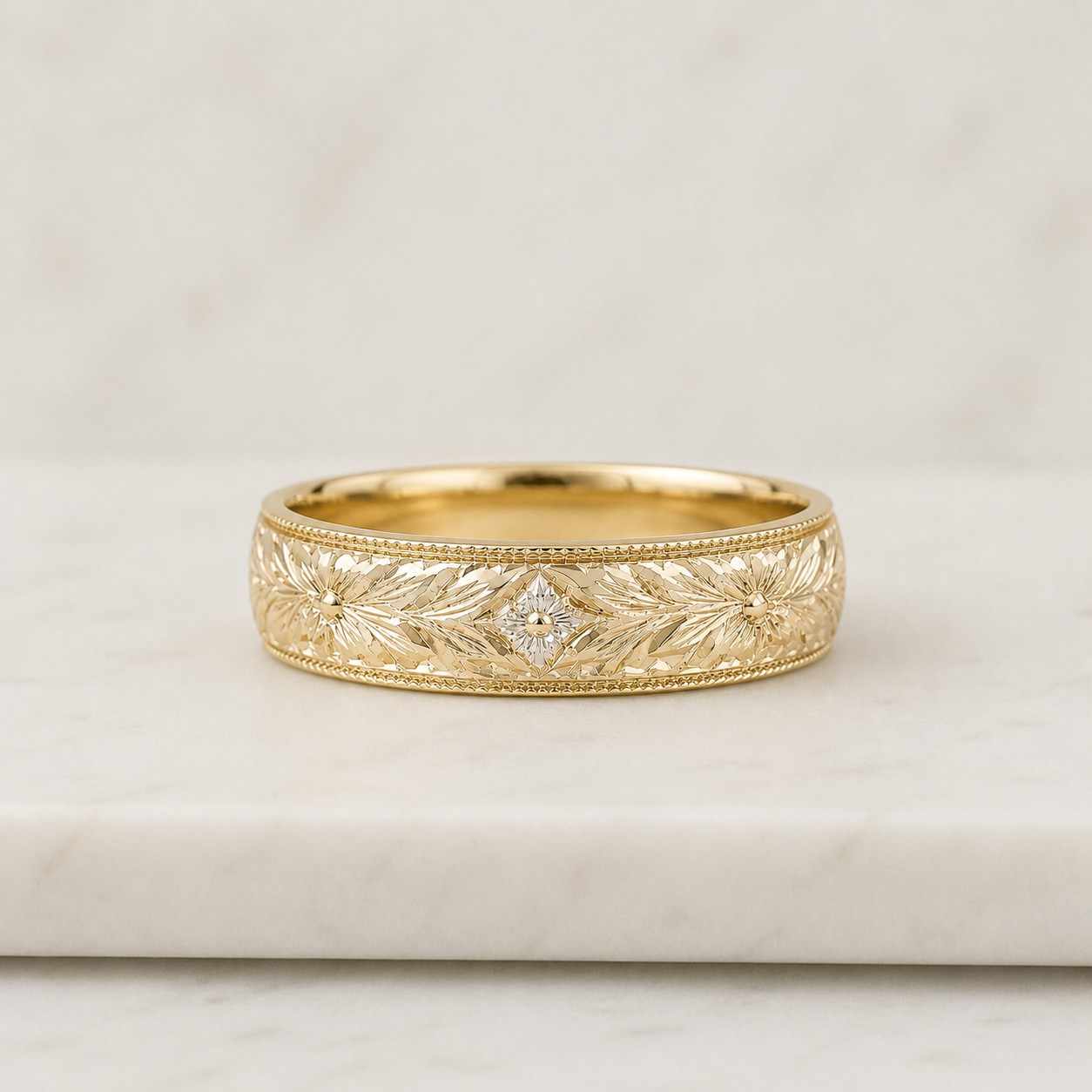 14k solid gold gold vintage wedding band with floral design, 14k minimalist modern stackable band, floral band, perfect wedding gift.
