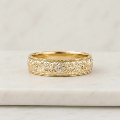14K Solid Gold Gold Vintage Wedding Band with Floral Design, 14K Minimalist Modern Stackable Band, Floral Band, Perfect Wedding gift.
