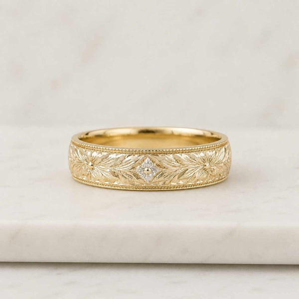 14K Solid Gold Gold Vintage Wedding Band with Floral Design, 14K Minimalist Modern Stackable Band, Floral Band, Perfect Wedding gift.
