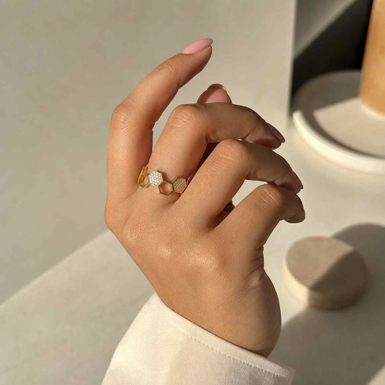 14K Solid Gold Hexagon Wedding Band, Geometric Stackable Ring
