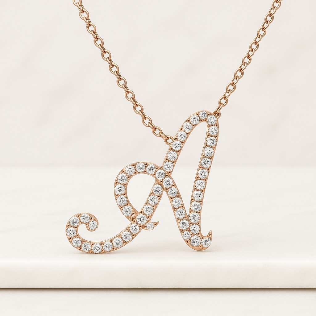 14K Solid Gold Initial Charm Pendant with Natural White Diamonds Dainty Personalized Letter Jewelry Gift for Women