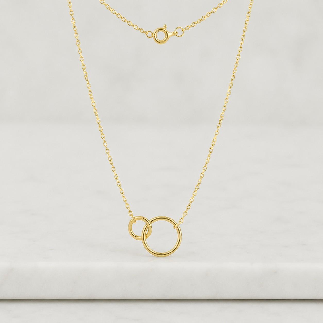 14k solid gold intertwined circles necklace for women, interlocking double rings gold necklace,