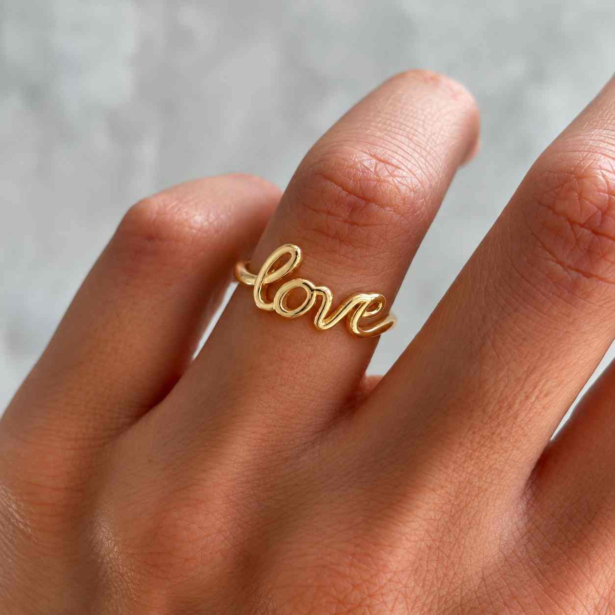 14K Solid Gold Love Ring – 14K Solid Gold Script Ring, Dainty Word Ring, Minimalist Love Jewelry Gift, Stackable Ring
