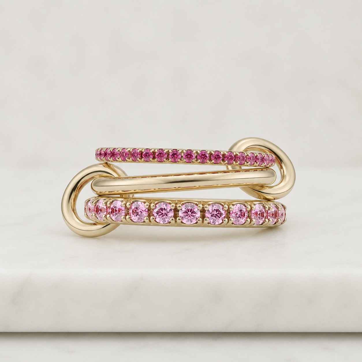 14k solid gold multi link ring with ruby gemstones