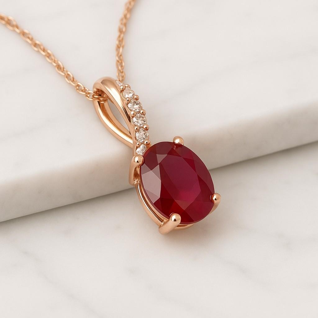 14K Solid Gold Oval Ruby Halo Pendant Necklace July Birthstone Charm