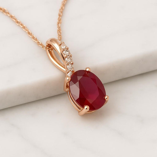 14K Solid Gold Oval Ruby Halo Pendant Necklace July Birthstone Charm