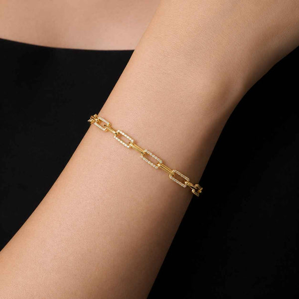 14K Solid Gold Paperclip Chain Bracelet - Rectangle Link - Yellow, White, Rose Gold