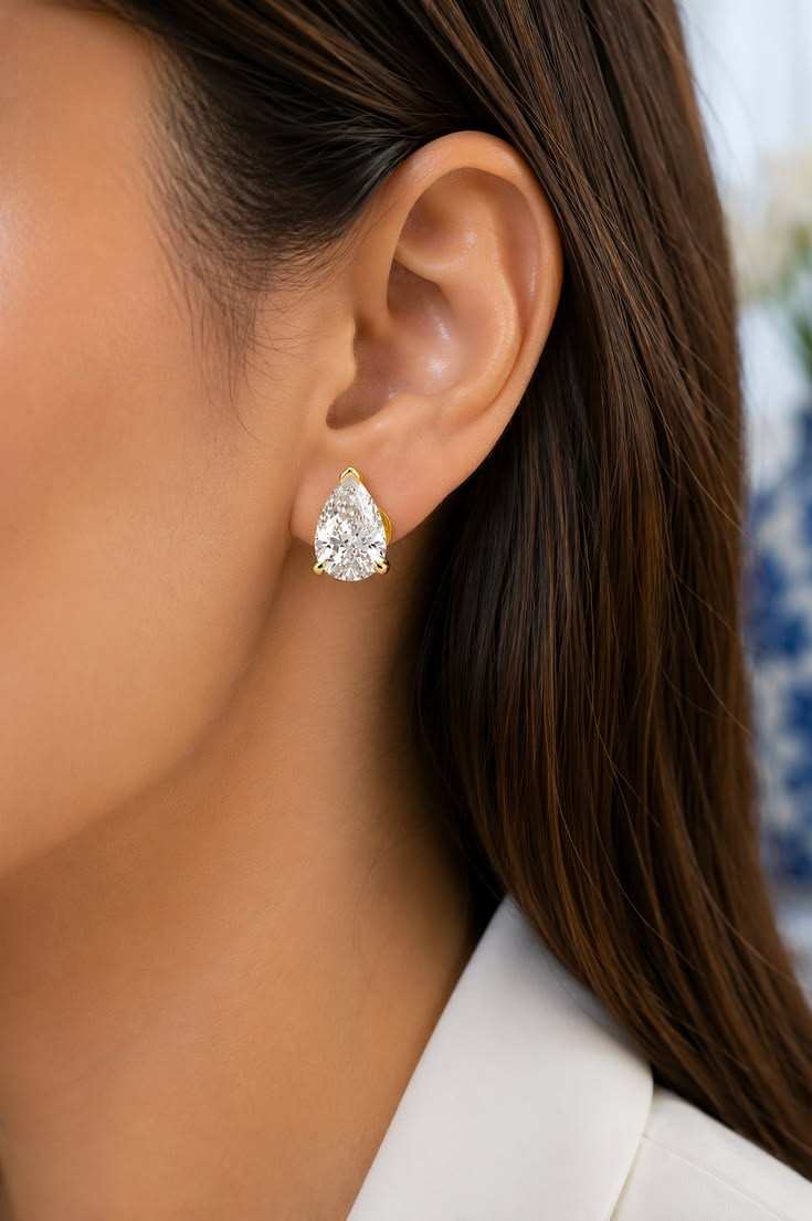 14K Solid Gold Pear Cut Lab Grown Diamond Stud Earrings, Teardrop Bridal Jewelry
