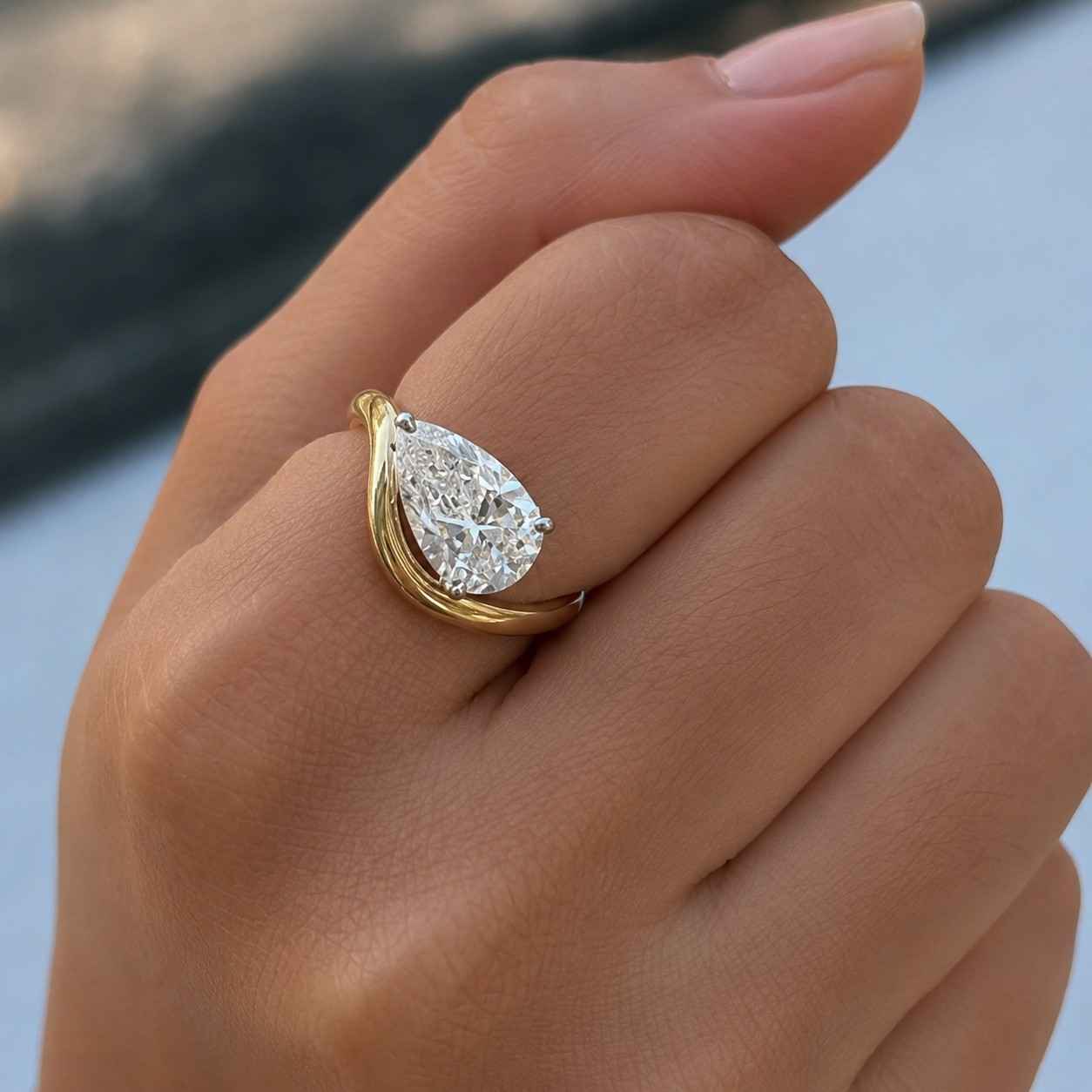 14K Gold Pear Cut Lab Grown Diamond Ring, Wave Wedding Band