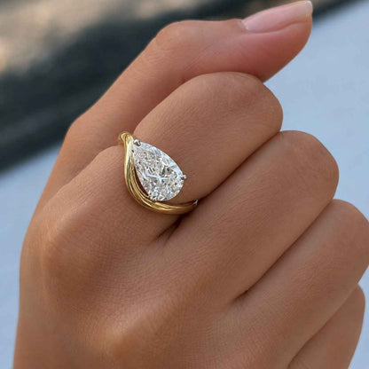 14K Gold Pear Cut Lab Grown Diamond Ring, Wave Wedding Band