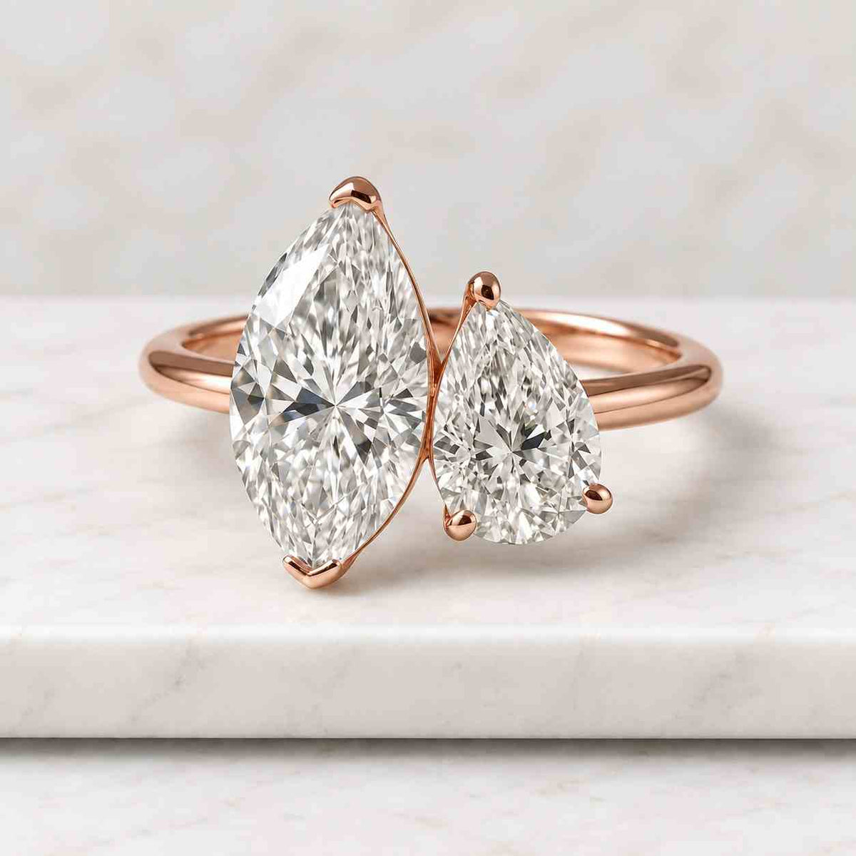 14K Solid Gold Pear & Marquise Moissanite Toi et Moi Ring