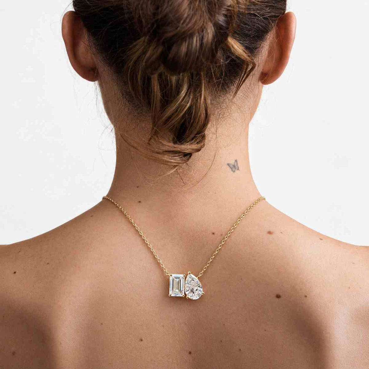 Toi et Moi Necklace, 14K Solid Gold Pear and Round Moissanite Two Stone Pendant Necklace, Valentine's Gift for Her, Anniversary Gifts

