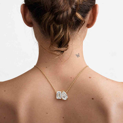 Toi et Moi Necklace, 14K Solid Gold Pear and Round Moissanite Two Stone Pendant Necklace, Valentine's Gift for Her, Anniversary Gifts
