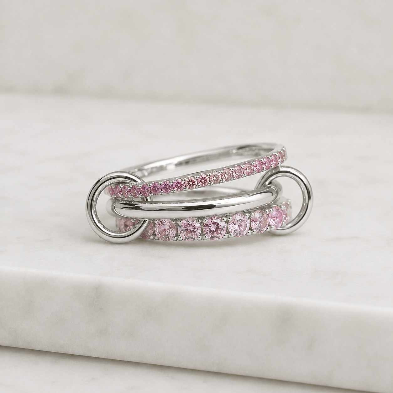 14k solid gold pink sapphire interlocking loop ring, triple link stacking ring, minimalist buckle style ring, statement eternity linked ring