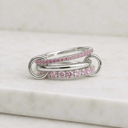 14K Solid Gold Pink Sapphire Interlocking Loop Ring, Triple Link Stacking Ring, Minimalist Buckle Style Ring, Statement Eternity Linked Ring