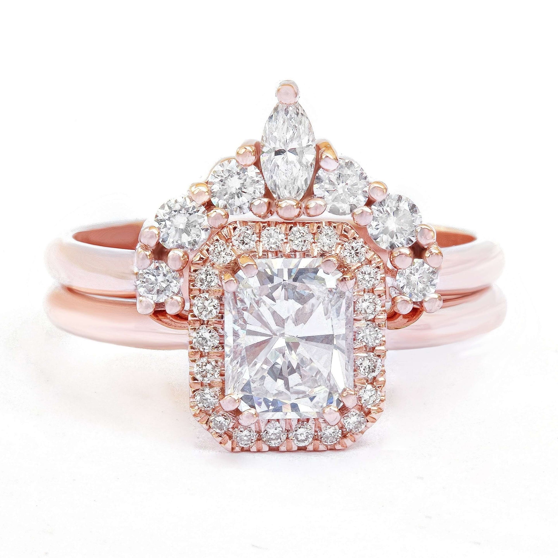 14K Solid Gold Radiant Cut Moissanite Bridal Set Ring