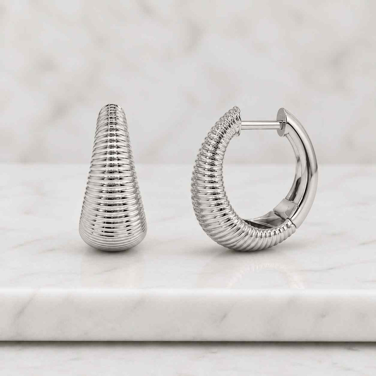 14K Solid Gold Ribbed Hoop Earrings: Modern Statement Jewelry
