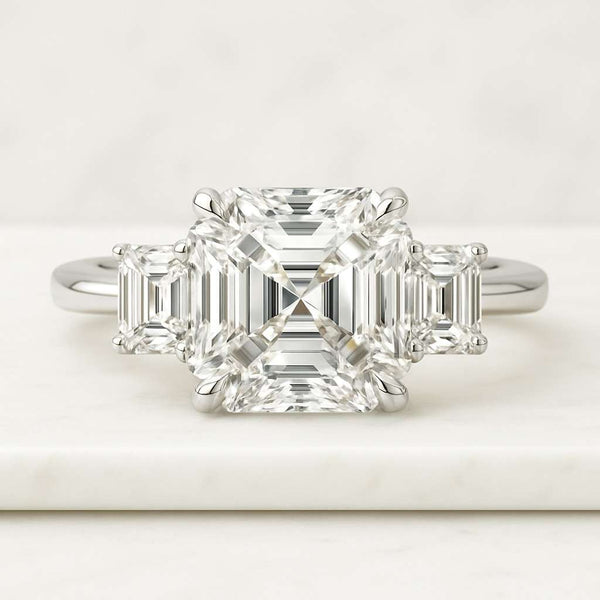14K Solid Gold Ring Three Stone Engagement Ring Asscher & Trilliant Cut Diamond Engagement Ring Trilogy Ring Asscher Cut Wedding Ring