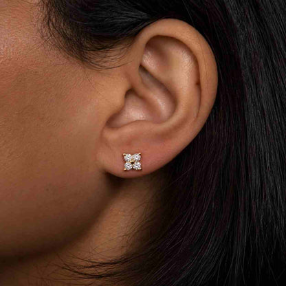 14K Solid Gold Round Cut Lab Diamond Halo Cluster Earrings, Wedding Studs
