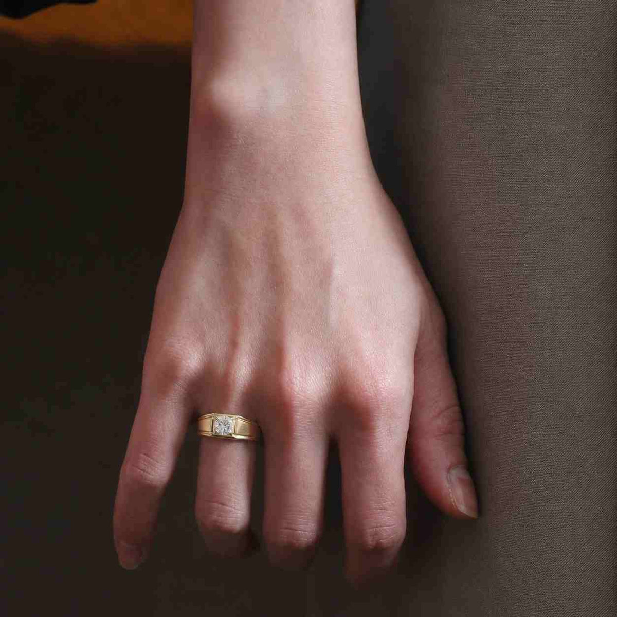 14K Solid Gold Round Cut Moissanite Signet Ring, Prong Set Solitaire Engagement Ring, Minimalist Yellow Gold Wedding Ring
