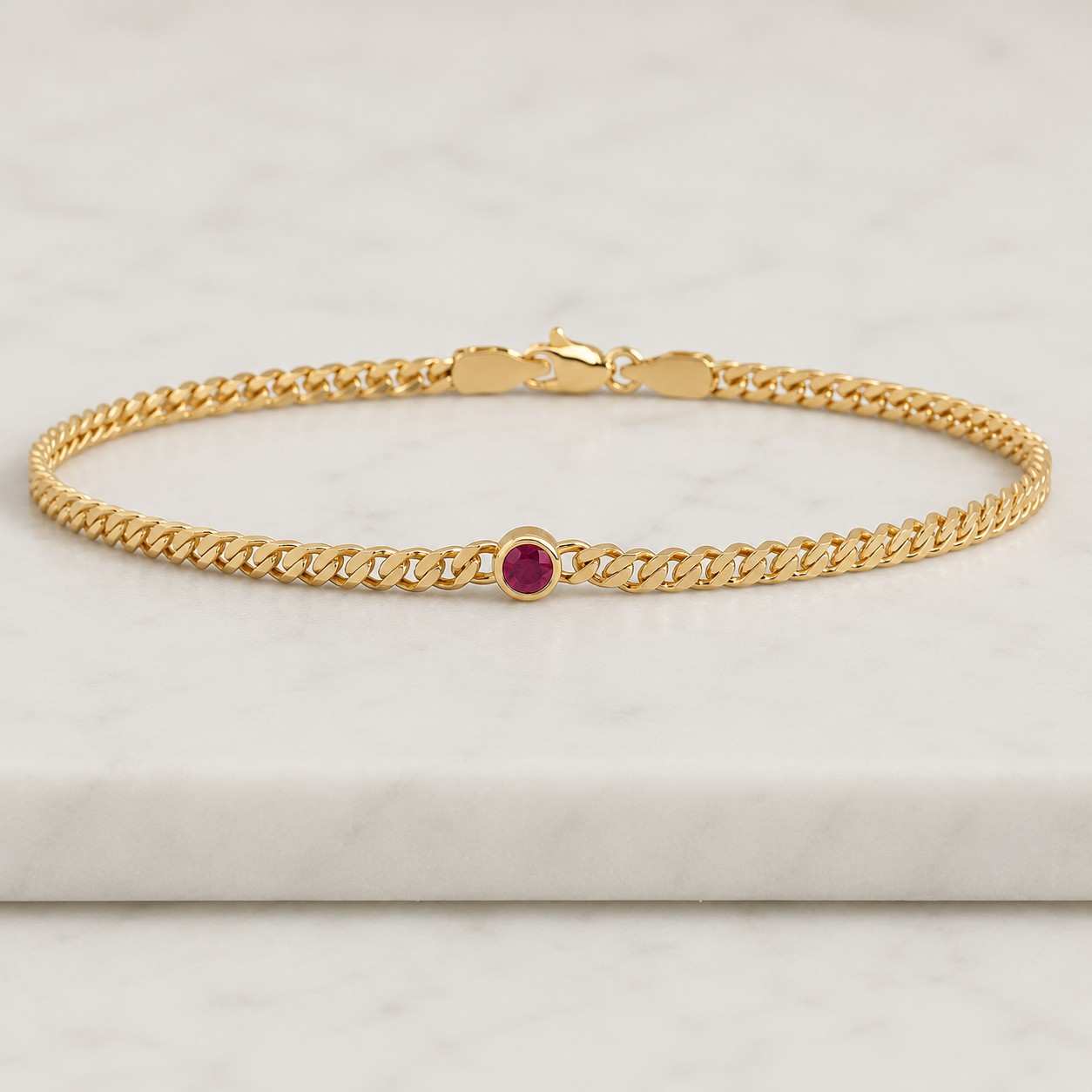14K Solid Gold Ruby Bezel Bracelet, July Birthstone, Minimalist Round Bracelet