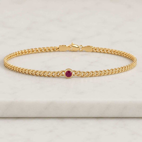 14K Solid Gold Ruby Bezel Bracelet, July Birthstone, Minimalist Round Bracelet
