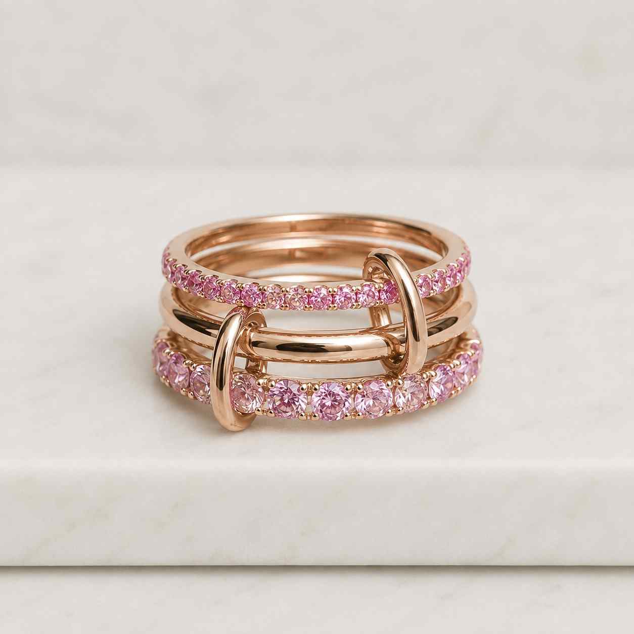 14k solid gold ruby connector ring, diamond & pink sapphire 3-band
