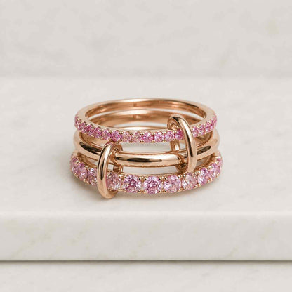 14K Solid Gold Ruby Connector Ring, Diamond & Pink Sapphire 3-Band