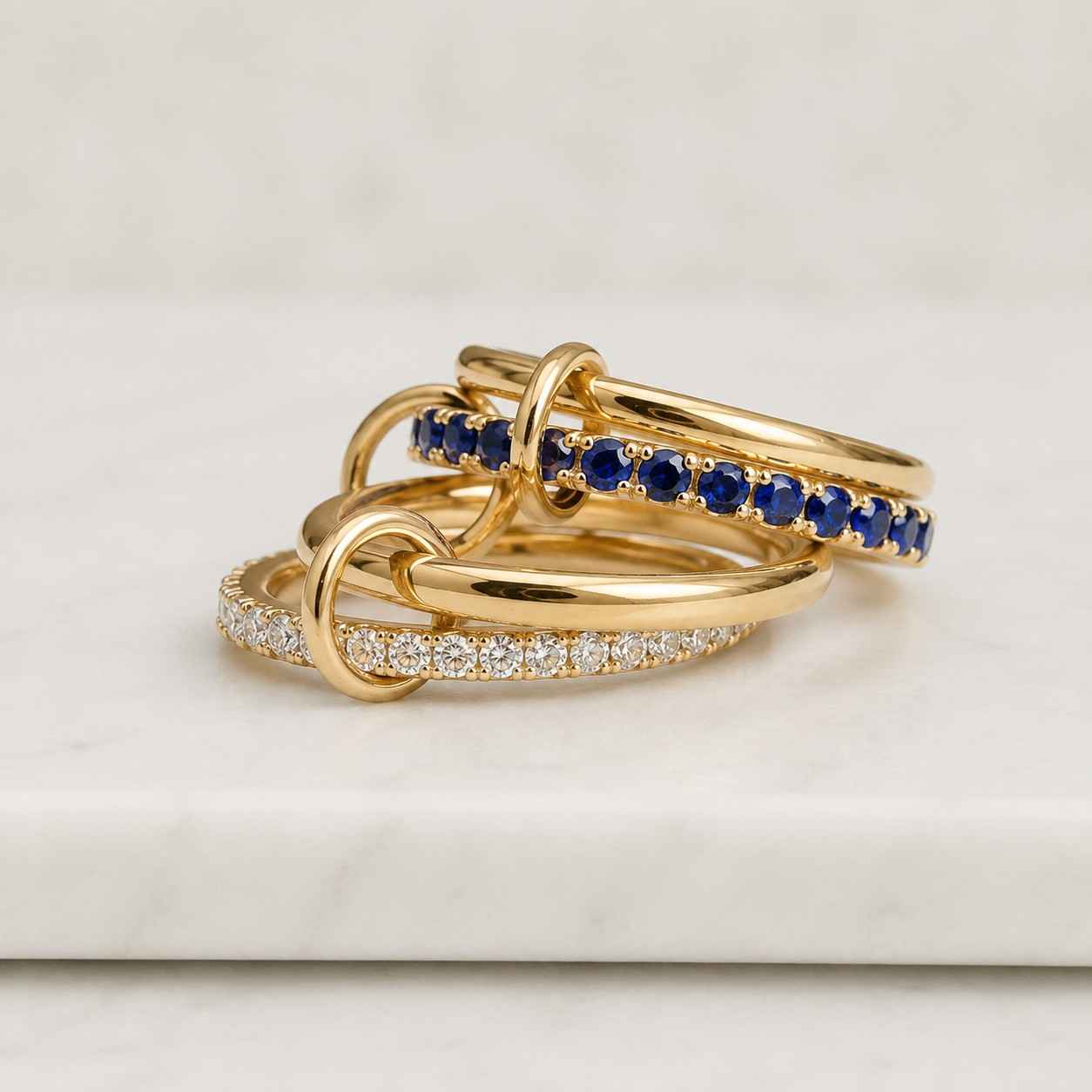 14k solid gold ruby connector ring, diamond & pink sapphire 3-band