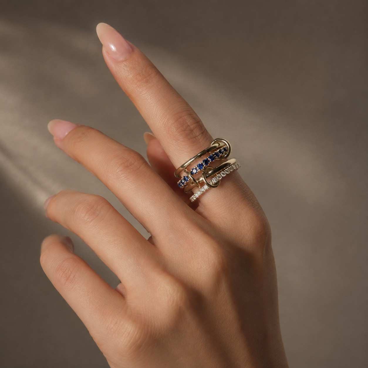14k solid gold spinner band, lab sapphire moissanite linked stackable ring, connected fidget design, elegant anniversary gift for her