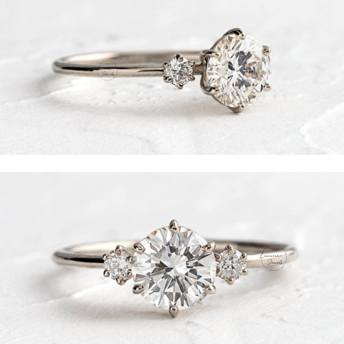 14K Solid Gold Three-Stone Engagement Ring With Side Stones
