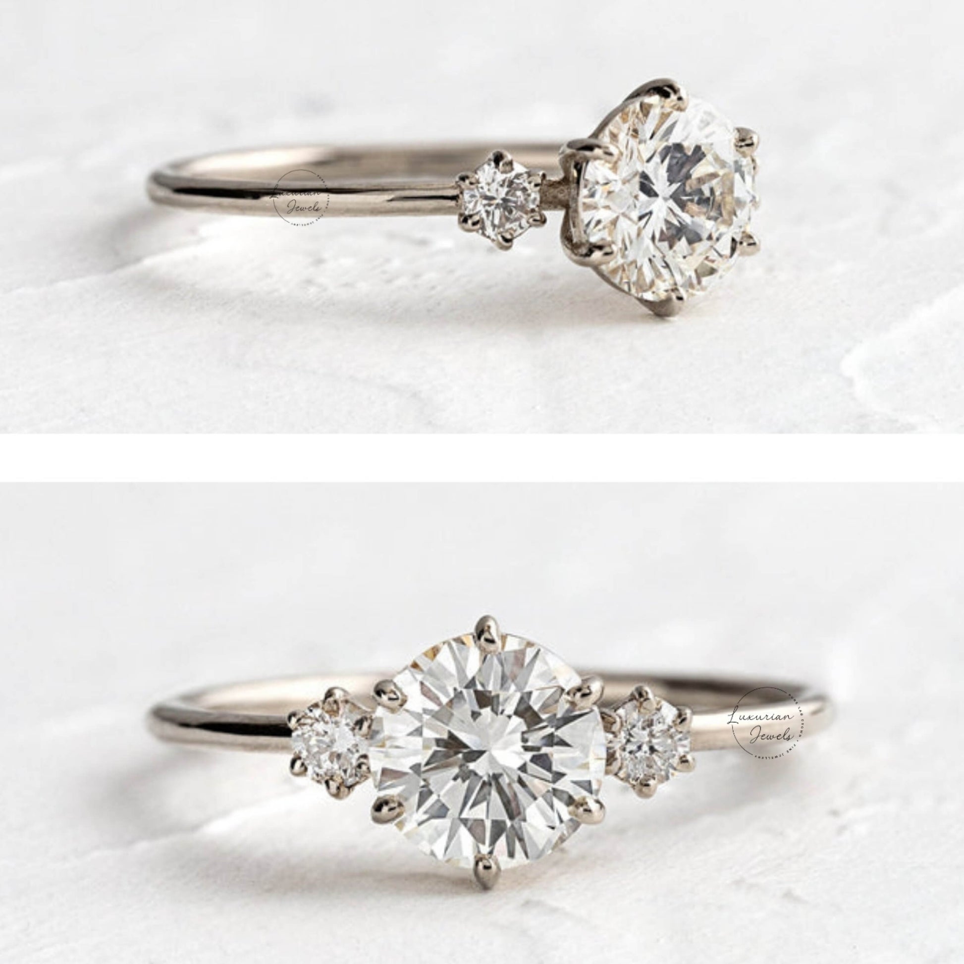 14K Solid Gold Three-Stone Engagement Ring With Side Stones